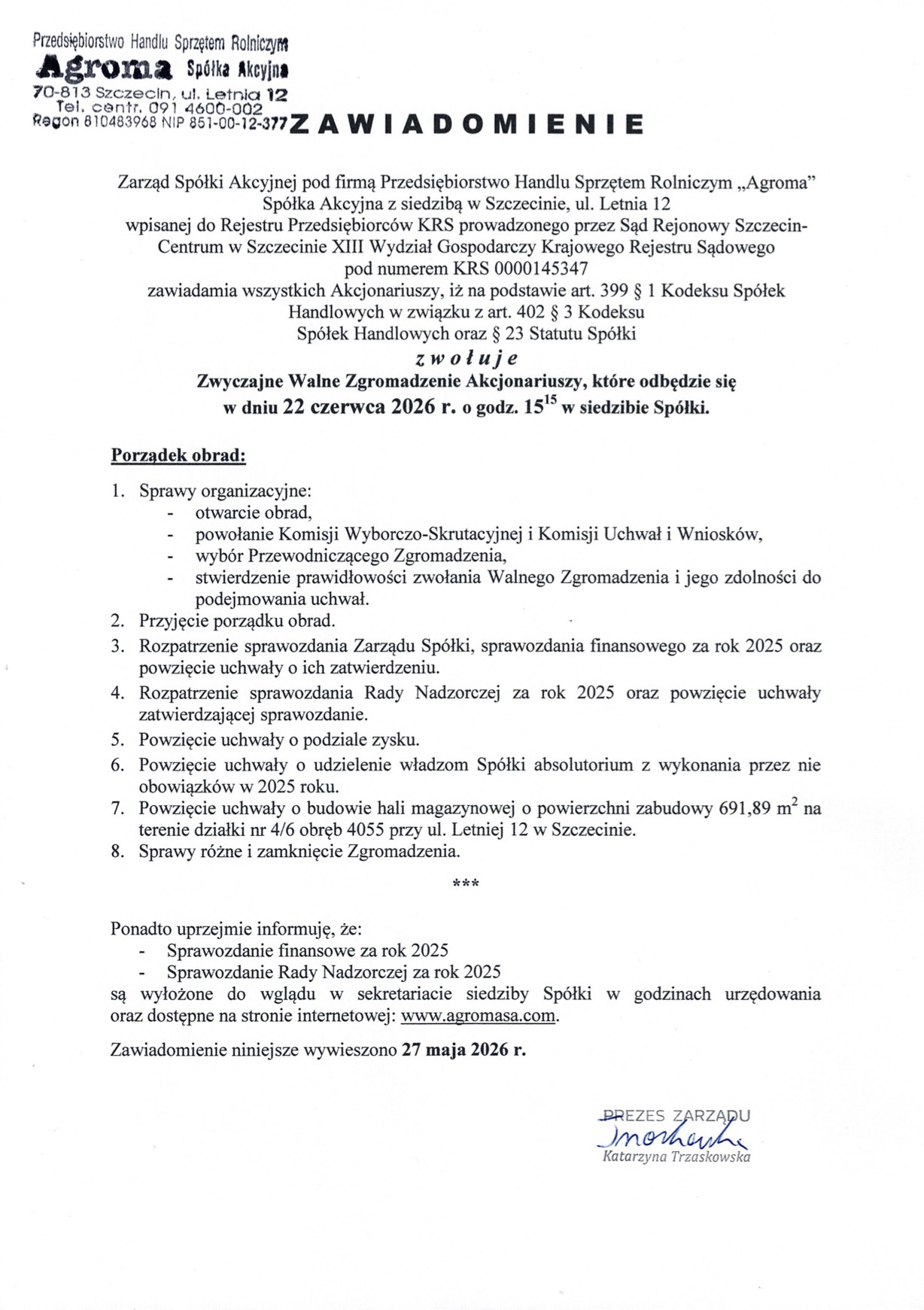 Zawiadomienie o walnym zgromadzeniu